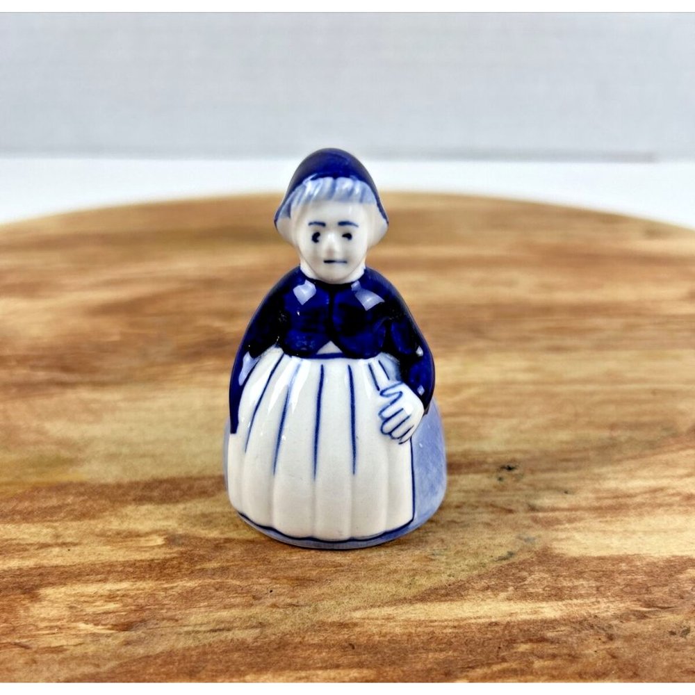 Vintage Hand Painted Delft Blue and White Porcelain Bell Maiden 2"H